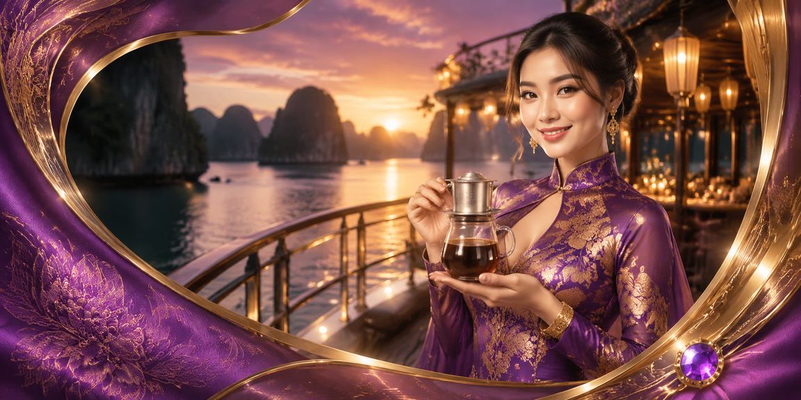 Người phụ nữ mặc áo dài truyền thống tại Hạ Long Bay truy cập nền tảng tài chính xz1 trên điện thoại